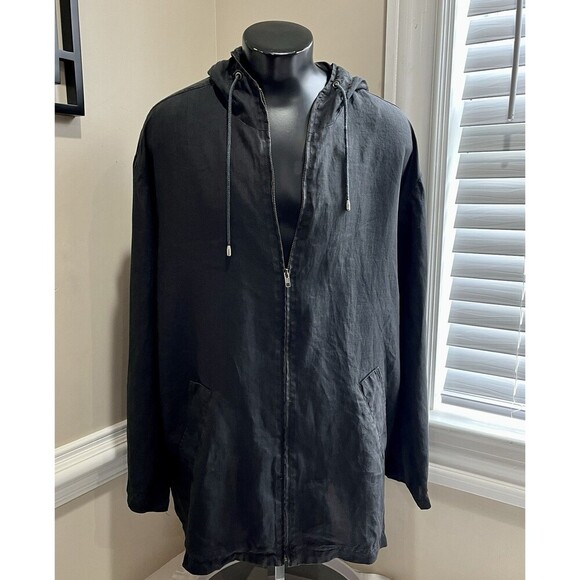 Calvin Klein Mid Length Jacket L Mens Black Full Zip Hooded Sun Faded Matrix - Picture 2 of 12